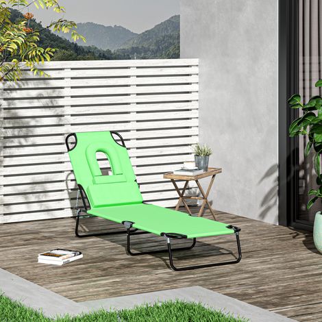 Transat avec trou pour le visage et coussin - cadre métallique - housse hydrofuge - vert - pliable