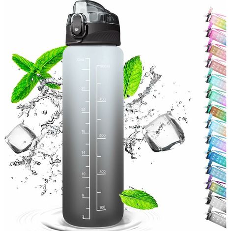 1 Liter Sport Water Bottle, Water Bottle With Straw, With Marker Tracker, One Click Open, Suitable For Gym, Yoga, Camping, Cycling And Family Life (Black And White)