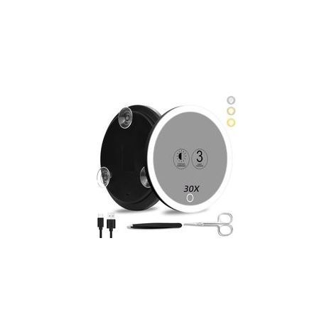 Miroir grossissant 30x avec éclairage, grand miroir de 15 cm, 3 couleurs, éclairage réglable x30 avec 3 ventouses, miroir de voyage grossissant x30, miroir de maquillage à fort grossissement (1/4)