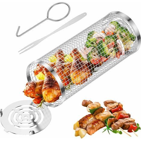 Panier à Griller Roulant, Grille de Barbecue en Acier Inoxydable, Paniers de Cuisson pour Barbecue avec Crochet(1Pcs) (1/5)