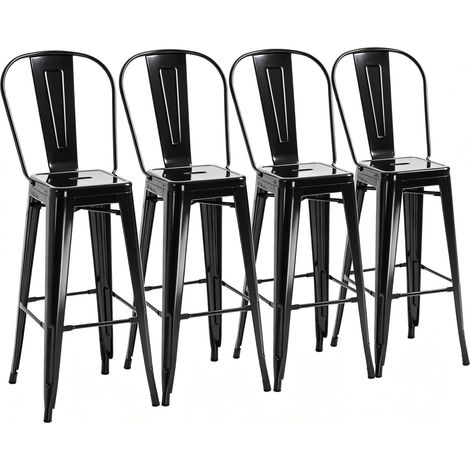 Tabourets de bar empilables en métal noir avec dossier amovible, lot de 4 (1/5)