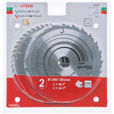 BOSCH PIŁA TARCZOWA DWUPAK 190x30x48z OPTI.WOOD x2,6/1,6 + SPEED.WOOD 190x30x24z x2,4/1,8…W