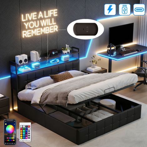 Lit coffre adulte 160x200 cm LED, tête de lit rembourré avec fonction de chargement USB Type-C lit de rangement hydraulique,PU, noir (1/5)