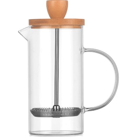 Cafetière à piston (French Press) avec filtre — Verre borosilicaté haute résistance — Préparation manuelle (Couvercle en bois - 350 ml)6.86.816.5cm (1/4)