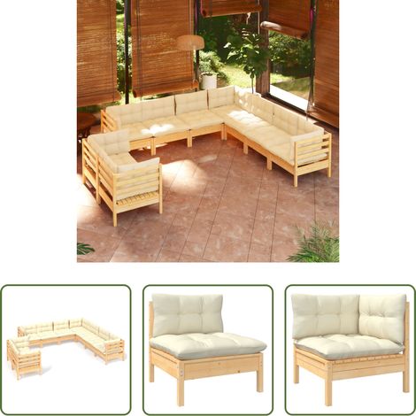 Terrassensofa - 9-tlg. Garten-Lounge-Set mit Creme Kissen Massivholz Kiefer (1/5)