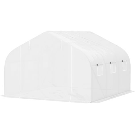 Outsunny Tunnelgewächshaus 10,5 m² (3,5 m x 3 m x 2 m) mit Tür und 6 Rollofenstern, verzinkter Stahl, hochdichte PE-Folie, weiß
