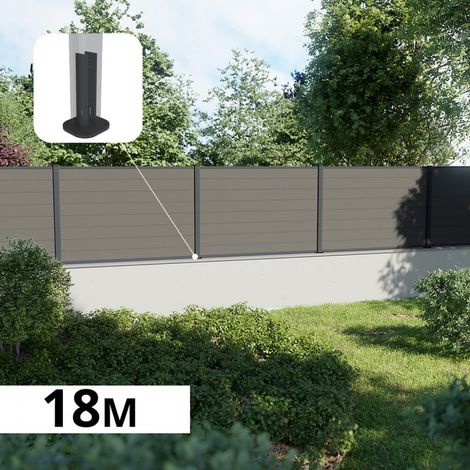 Kit Clôture Composite sur Muret RIO Platine 18x1,2m - Bois composite & Aluminium - Poteaux sur Platines Gris - Brise vue