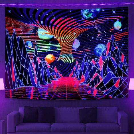UV-reaktiver, fluoreszierender Wandteppich, psychedelisches Berg- und Planetenmotiv, abgefahrene Neon-Wanddekoration fürs Schlafzimmer (1/5)