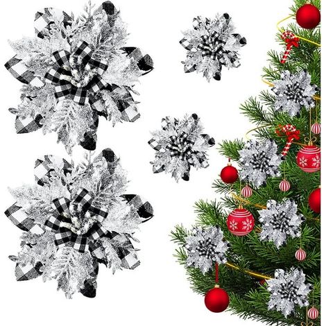 12PCS Fleurs de Noël Plaid Noir et Blanc avec Tige Fil de Fer, Poinsettias Artificiels à Paillettes Argentées, Décor Checkered de Sapin et Couronne pour Fêtes, Ornement X'Mas (Noir) (1/2)