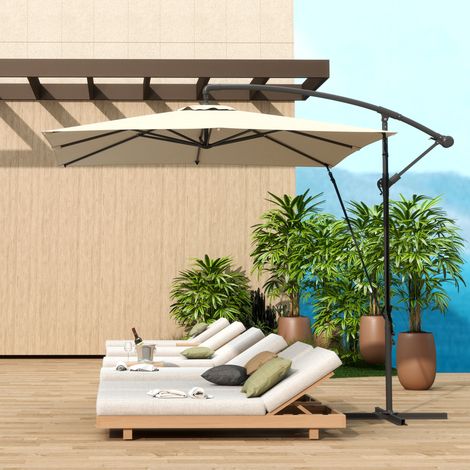 Parasol déporté 247 x 247 cm avec pied en croix et manivelle. En métal et polyester. Couleur kaki.
