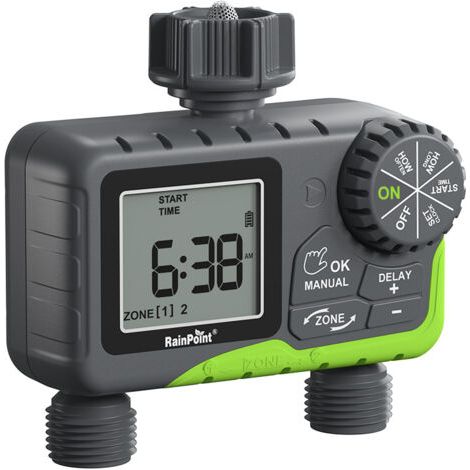 RAINPOINT-Minuterie d'eau pour tuyau d'arrosage, système de contrôleur d'irrigation automatique, 2 zones de retard de pluie, arrosage manuel