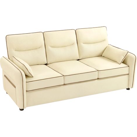 HOMCOM Divano 3 Posti in Finta Pelle con 2 Cuscini e Tasca Laterale Beige