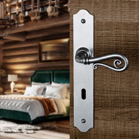 Ouvre&Déco – 2 poignées de porte NOBLE entrée de clé, Plaque fine minimaliste, Fer patiné gris entraxe 195 mm