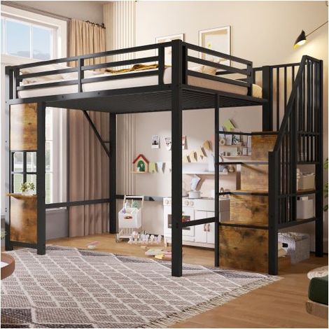 Lit Mezzanine - WESTYLE - 140x200 - Cadre métal noir - Escalier rangement - Grand espace ouvert (1/5)
