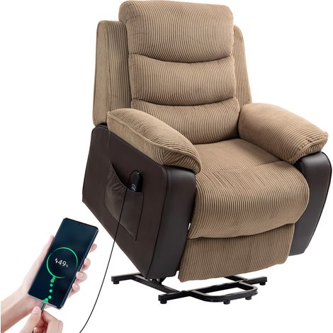 HOMCOM sillón relax reclinable eléctrico levanta personas, con puerto USB, control remoto, reposapiés, tapizado en pana, bolsillos laterales, marrón