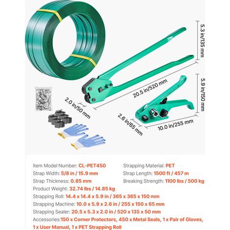 VEVOR Banding Strapping Kit, Heavy Duty Banding Sealer Tool with 457m PET Band, 450 Metal Seals, 150 Corner Protectors & Gloves, Plastic Pallet Packaging Strapping Kit for Warehouse/Shipping/Moving (1/4)