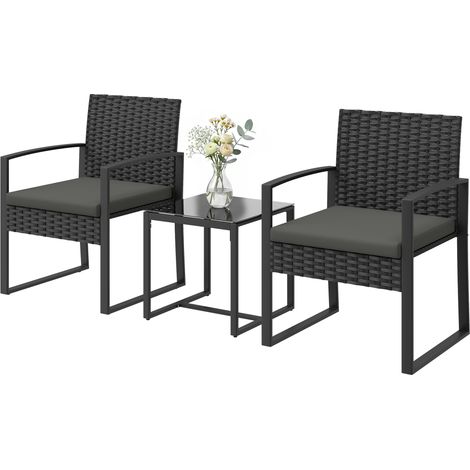 Salon de jardin extérieur en résine tressée 2 personnes, table de jardin avec 2 chaises, plateau en verre trempé, noir (1/5)