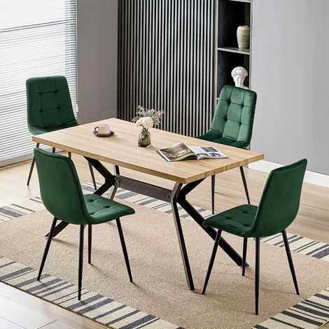 Ensemble table à manger - WAFTING - 140x80x73 cm - 4 places - Chaises velours vert foncé - Table bois clair (1/5)