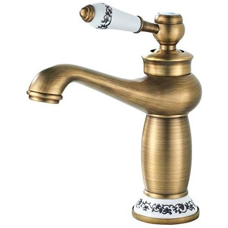 Robinet de lavabo salle de bain style antique en laiton vieilli, poignée unique en céramique à motifs floraux vintage, adapté pour lavabo et bidet, robinet décoratif rétro haut de gamme-Antique