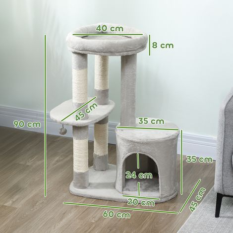 Katzenbaum, Spielturm für Katzen, Kratzbäume, Plattform, Versteck, Ball. Plüschstoff. 60 x 45 x 90 cm. Hellgrau. (1/5)