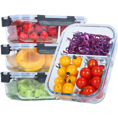 Lot de 3 boîtes verre meal prep 1040 ml, 3 compartiments + séparateur, hermétiques, four/congélateur (1/5)