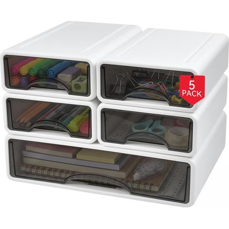 Set di 5 scatole portaoggetti impilabili, organizer da scrivania con cassetti, 4 piccole + 1 grande, contenitori in plastica bianca per cancelleria, scuola, casa, salvaspazio (1/5)