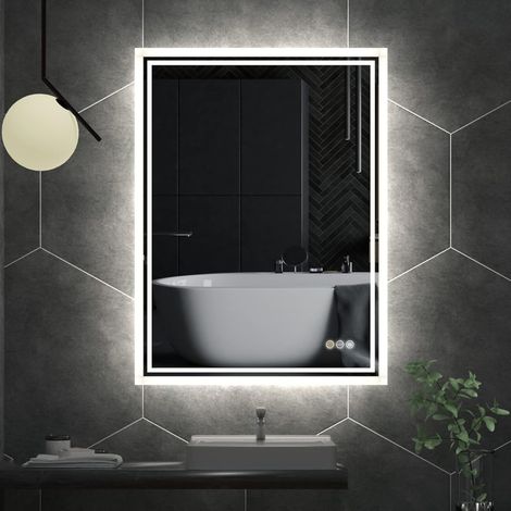 Badspiegel mit Beleuchtung 50x70 cm, Badezimmerspiegel Wandspiegel mit 3 Touchschalter und Speicherfunktion, Beschlagfrei Dimmbar Lichtspiegel IP65 Energiesparend (1/5)