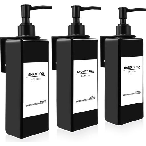 3 Pièces Distributeur de Savon Mural, Distributeur Savon Douche Noir, 500ml Flacon Pompe Vide No Perçage avec Étiquettes pour Cuisine et Salle de Bain (1/5)
