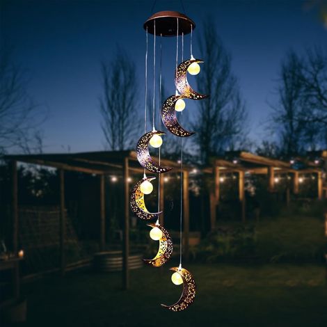 Carillon Extérieur à Vent Solaire - Lampe de Jardin avec Lune, Décoration Lumineuse Solaire Suspendue pour Balcon Terrasse, Taille: Lune (1/5)