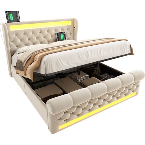CHICFURN Cama tapizada 140x190 cm con LED perimetral, cabecero con USB y Tipo C, arcón hidráulico, terciopelo beige y diseño elegante sin colchón (1/5)