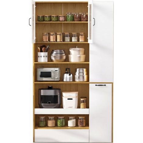 ELVMI Credenza Alta con 2 Cassetti, Vetro Rigato e Ripiano Estraibile, MDF, 100 x 40 x 200 cm, Bianco Naturale (1/5)