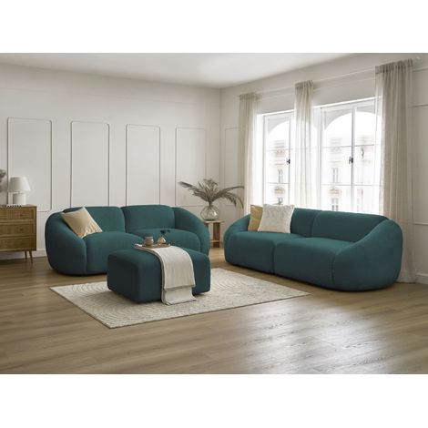BOBOCHIC - Ensemble canapé droit fixe 3 + 2 places TINA tissu bouclette avec pouf Bleu clair (1/5)
