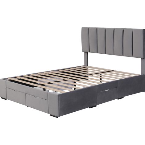 Cama tapizada 140 x 200 cm en terciopelo gris con somier, cabecero regulable y 4 cajones (1/5)