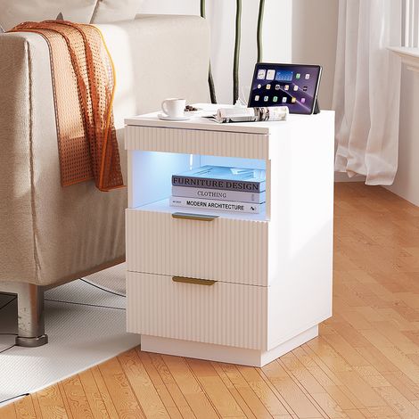 Lot de 2 Table de Chevet Blanche 40x40x60 cm avec Prises & USB, Table de Nuit LED RGB, Bout de Canapé Moderne Chic 2 Tiroirs (1/5)