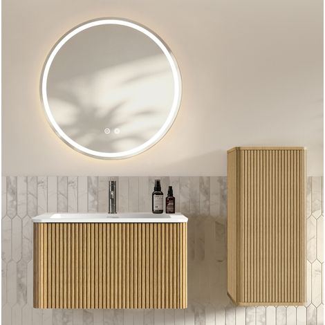 Ensemble meuble de salle de bains suspendu avec vasque, miroir LED et colonne 80 cm (1/5)
