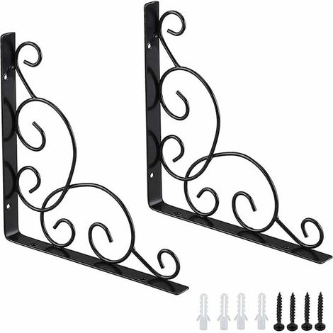 Equerre D\'étagere en Fer Forgé, 2 Pièces Équerres pour Étagère de Jardin, Équerre pour Étagere Murale en Fer, Équerre de Support D\'étagère, pour Cuisine Salle de Bain Bureau Restaurant (Noir) (1/5)
