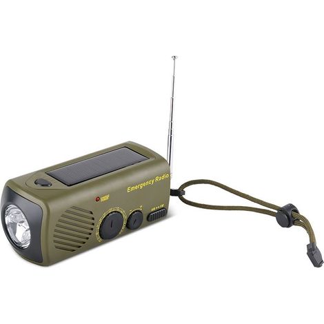 Radio verte (12,85,95,8 cm), chargeur de téléphone d'urgence, lampe torche, générateur à manivelle d'extérieur. (1/5)