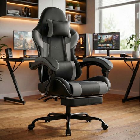 Silla ergonómica para gaming - 58,5 x 63 x 120,5 cm - Soporte lumbar, reposabrazos articulados y reposapiés - Negro y gris (1/5)