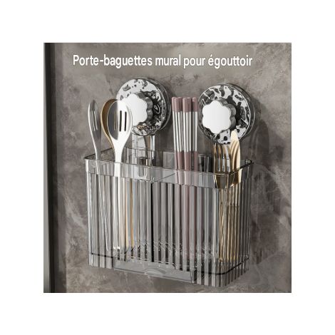 porte couverts mural à ventouse couleur gris transparent boîte de rangement pour cuillères et baguettes de cuisine avec fonction d'égouttage (1/5)