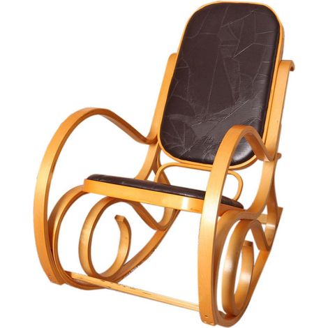 Rocking-chair, fauteuil à bascule M41, imitation bois de chêne, assise en cuir Patchwork, marron