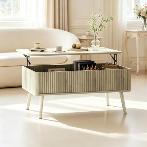 Mesa de centro elevable 91x56x43 cm, 2 compartimentos ocultos, esquinas redondeadas, MDF y madera color roble (1/5)