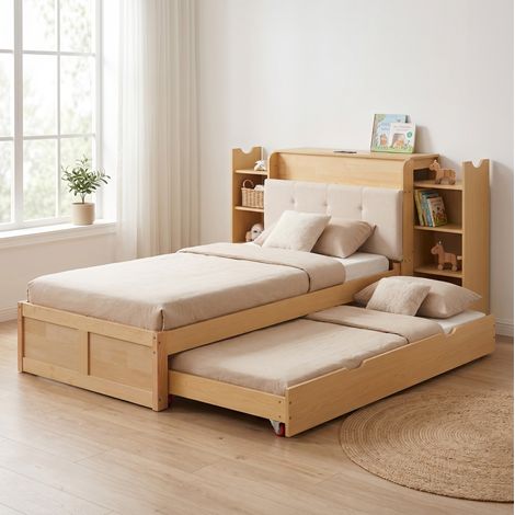 Ausziehbett 90/180×200 cm in Naturholz mit gepolstertem Kopfteil und Bücherregal (1/5)