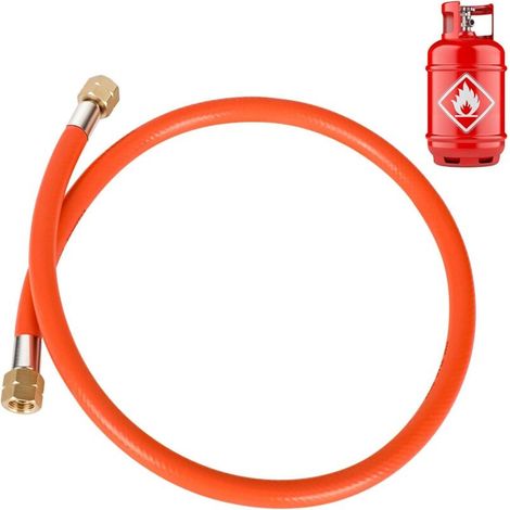 Régulateur de pression de gaz 50 mbar, tuyau de gaz de 150 cm, filetage extérieur 1/4" à 19 LH, régulateur de pression pour barbecues à gaz, pour camping, pique-niques, barbecues (tube orange) (1/5)