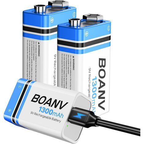 3PCS Piles 9V Rechargeables 1300mAh, 9V Rechargeable USB Lithium à Longue Duréé Batterie, avec câble de Charge 2 en 1, pour détecteurs de fumée, alarmes, Clavier, Microphone (1/5)