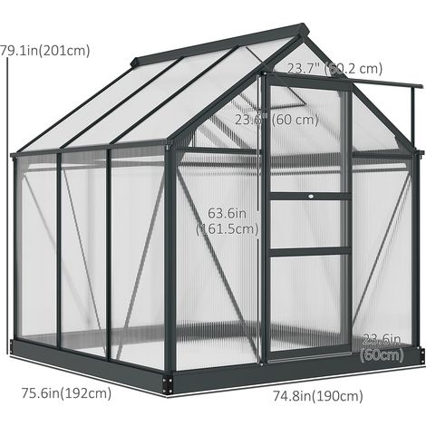 Serre d'extérieur en kit avec porte coulissante, 1,9 m x 1,9 m x 2 m, en panneaux de polycarbonate gris, idéale pour la culture et la protection des plantes. (1/5)
