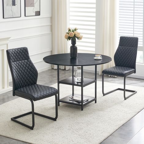 Esstisch- und Stuhl-Set MDF/Metall & PU-Leder schwarz, Ø107x75 cm, mit 2 Ablagen, 2 Personen, MIVRAY