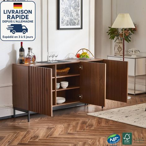 Buffets et buffets MODFU 150 x 40 x 80 cm, meuble de cuisine 3 portes, étagères réglables, aspect bois, salon/salle à manger/bureau, MDF, marron (1/5)