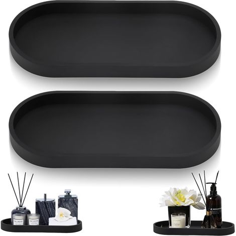 Plateau Décoratif - Lot de 2 - Silicone Noir - Ovale - Pour Savons Et Bijoux - 24,5x11x2cm (1/5)