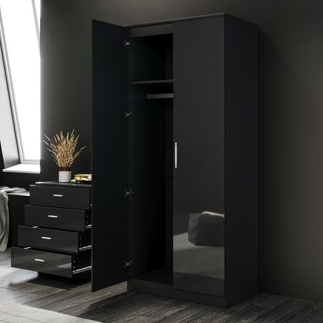 ELEGANT 2 Door Wardrobe, High Gloss (Black) Aluminium Clothes Rail & Storage Shelves Wooden Modern Bedroom Storage Furniture