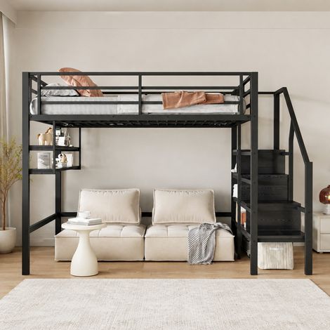 Hochbett 140x200 cm schwarz aus Metall und MDF mit Stauraumleiter, Regalen und Geländer (1/5)